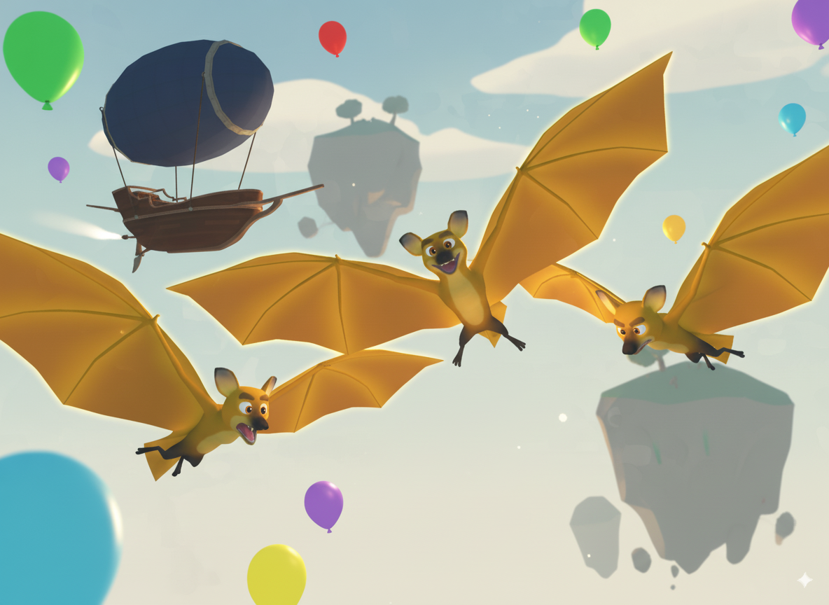 Balloon Bats soaring through the sky with colorful balloons